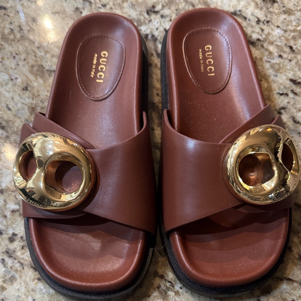Gucci Brown Leather Slide Sandals with Gold Hardware